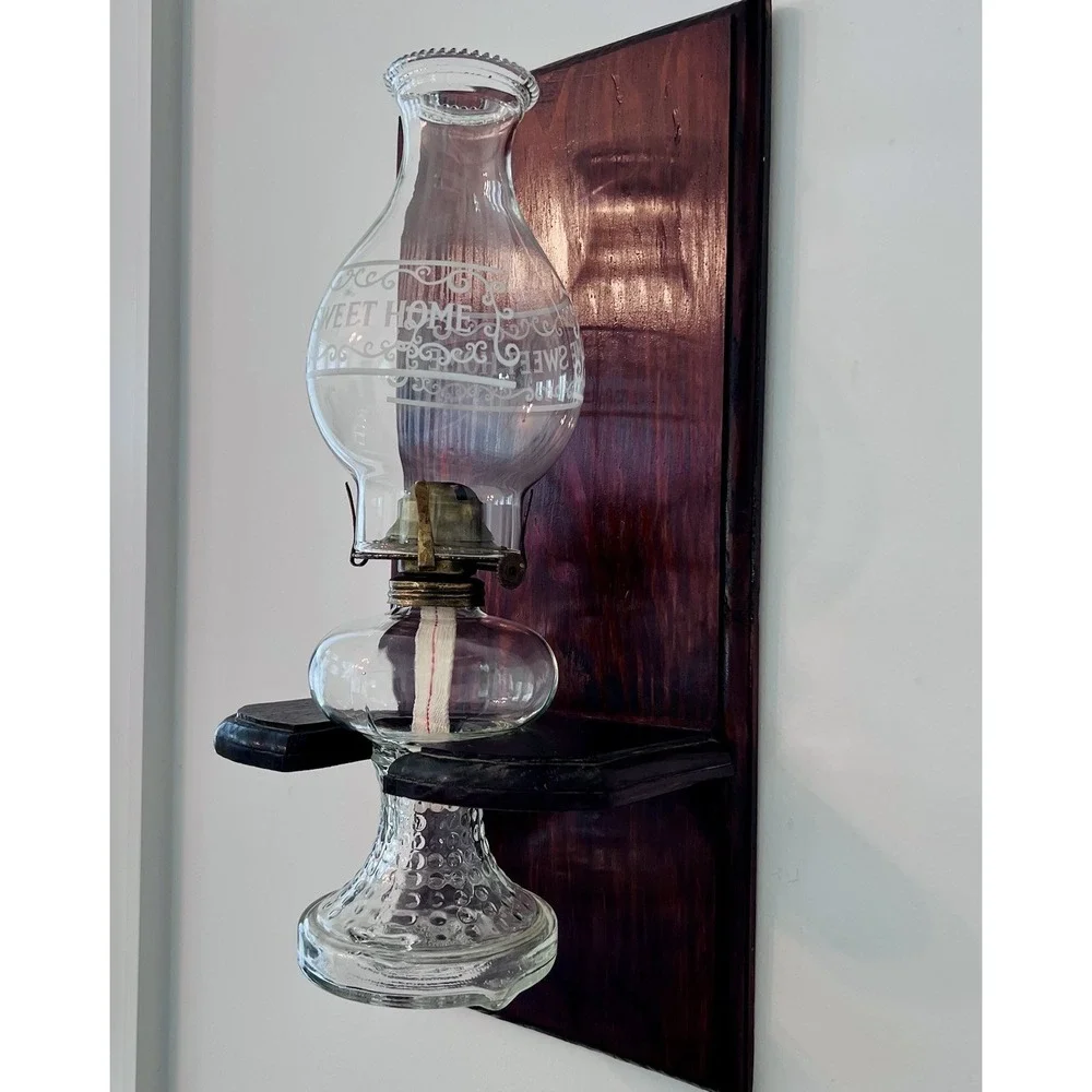 Vintage Wall-Mounted Oil Lamp Sconce | Etched Glass & Wood | Primitive Lighting